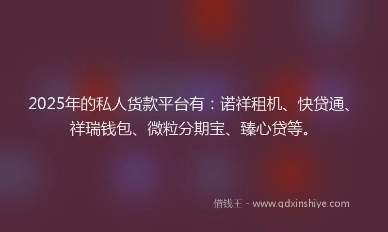 2025年的私人货款平台有：诺祥租机、快贷通、祥瑞钱包、微粒分期宝、臻心贷等。