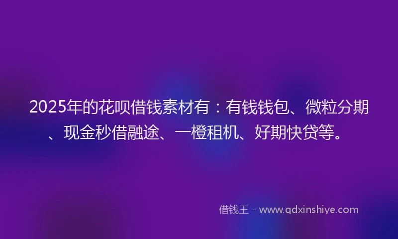 2025年的花呗借钱素材有：有钱钱包、微粒分期、现金秒借融途、一橙租机、好期快贷等。