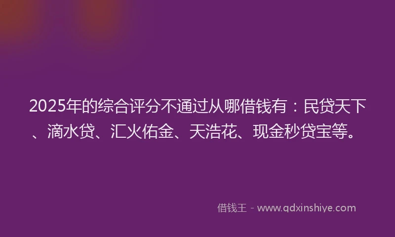 2025年的综合评分不通过从哪借钱有：民贷天下、滴水贷、汇火佑金、天浩花、现金秒贷宝等。
