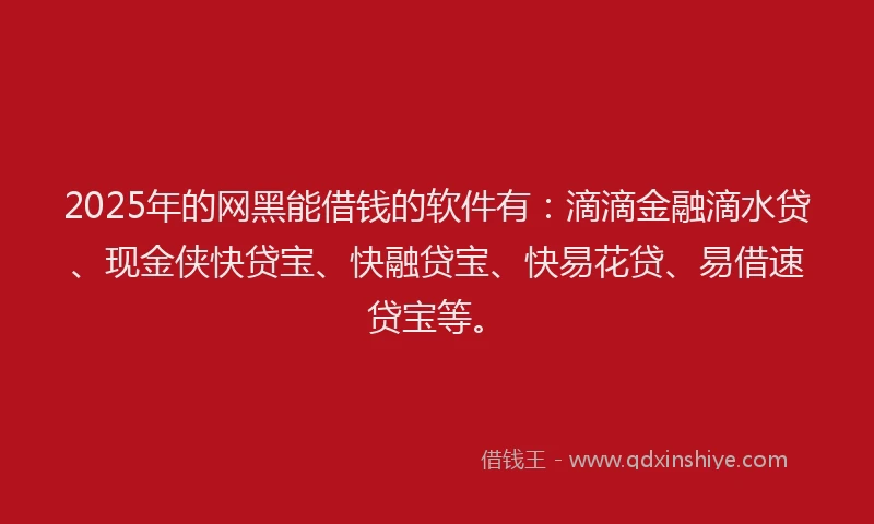 2025年的网黑能借钱的软件有：滴滴金融滴水贷、现金侠快贷宝、快融贷宝、快易花贷、易借速贷宝等。