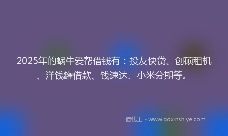 2025年的蜗牛爱帮借钱有：投友快贷、创硕租机、洋钱罐借款、钱速达、小米分期等。
