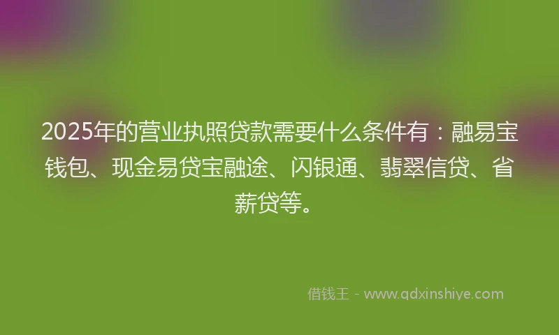 2025年的营业执照贷款需要什么条件有：融易宝钱包、现金易贷宝融途、闪银通、翡翠信贷、省薪贷等。