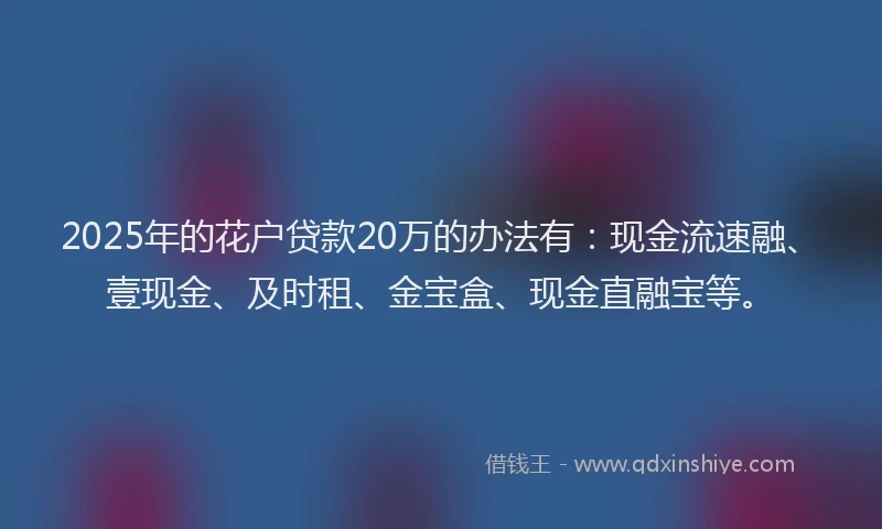 2025年的花户贷款20万的办法有：现金流速融、壹现金、及时租、金宝盒、现金直融宝等。