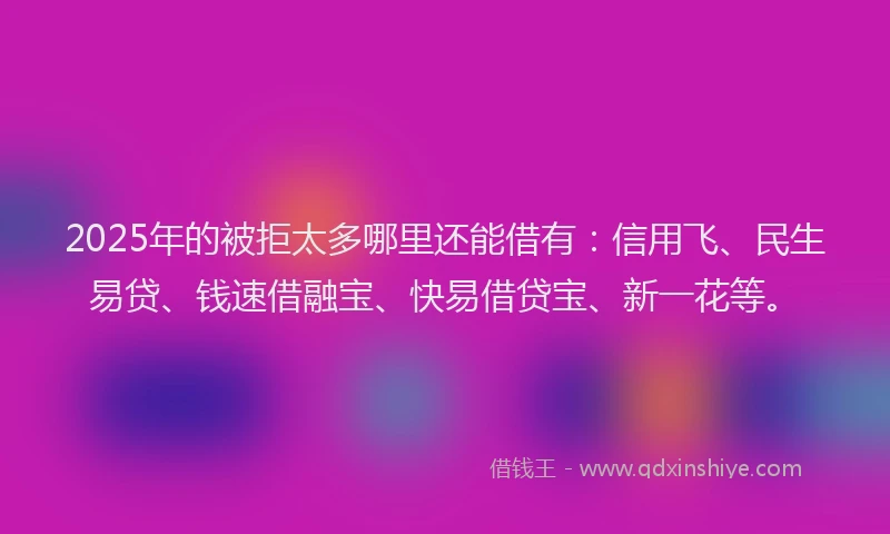 2025年的被拒太多哪里还能借有：信用飞、民生易贷、钱速借融宝、快易借贷宝、新一花等。