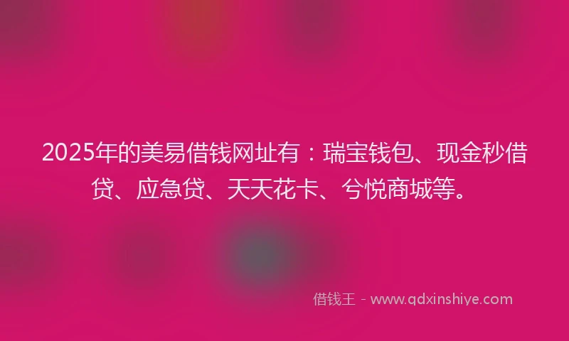 2025年的美易借钱网址有：瑞宝钱包、现金秒借贷、应急贷、天天花卡、兮悦商城等。
