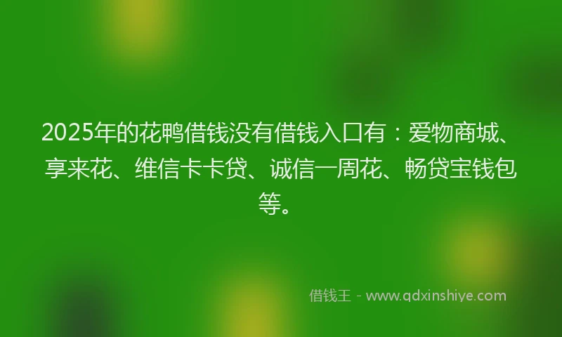 2025年的花鸭借钱没有借钱入口有：爱物商城、享来花、维信卡卡贷、诚信一周花、畅贷宝钱包等。