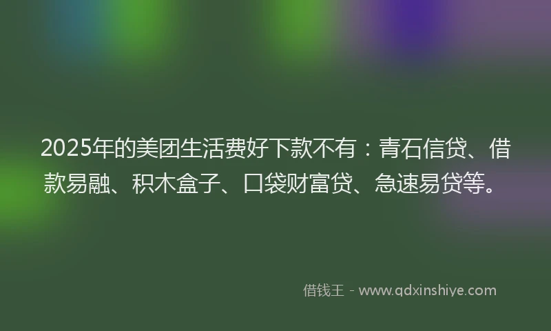 2025年的美团生活费好下款不有：青石信贷、借款易融、积木盒子、口袋财富贷、急速易贷等。