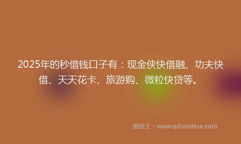 2025年的秒借钱口子有：现金侠快借融、功夫快借、天天花卡、旅游购、微粒快贷等。