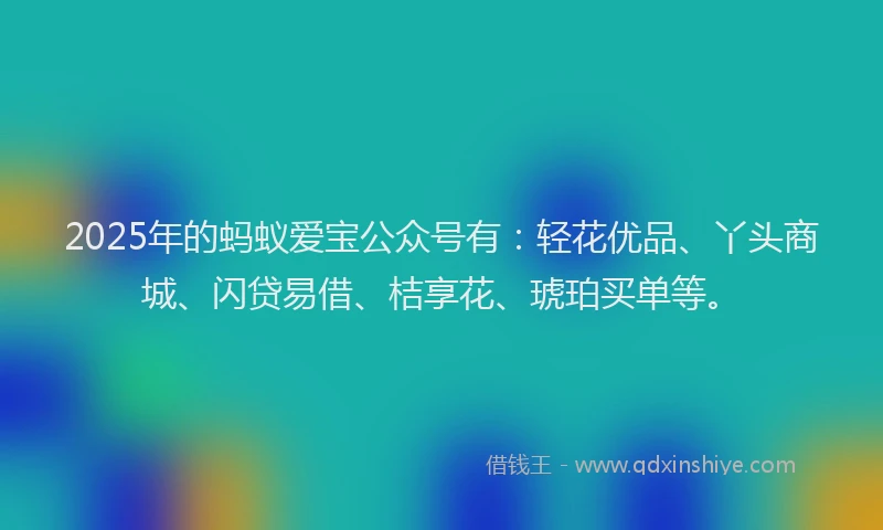 2025年的蚂蚁爱宝公众号有：轻花优品、丫头商城、闪贷易借、桔享花、琥珀买单等。