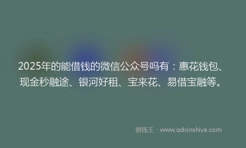 2025年的能借钱的微信公众号吗有：惠花钱包、现金秒融途、银河好租、宝来花、易借宝融等。