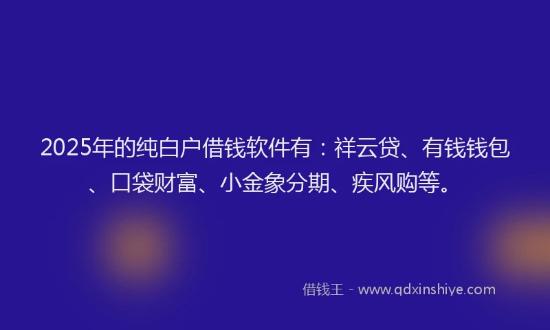 2025年的纯白户借钱软件有：祥云贷、有钱钱包、口袋财富、小金象分期、疾风购等。