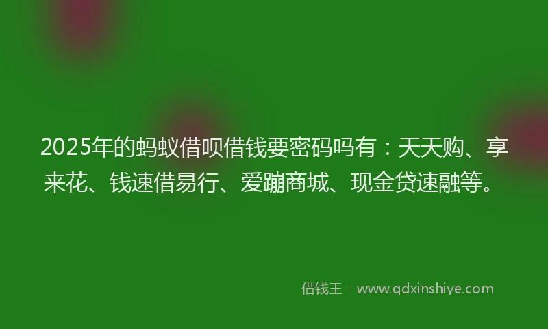 2025年的蚂蚁借呗借钱要密码吗有：天天购、享来花、钱速借易行、爱蹦商城、现金贷速融等。