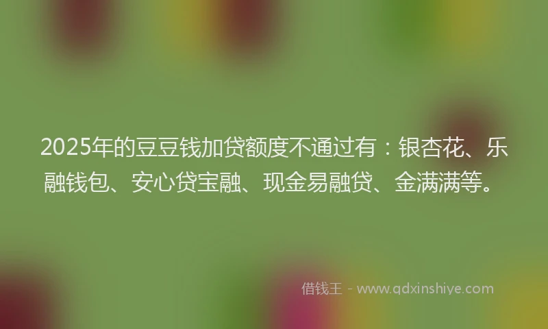2025年的豆豆钱加贷额度不通过有：银杏花、乐融钱包、安心贷宝融、现金易融贷、金满满等。