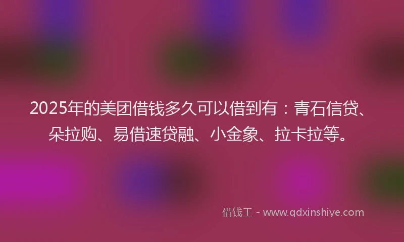 2025年的美团借钱多久可以借到有：青石信贷、朵拉购、易借速贷融、小金象、拉卡拉等。