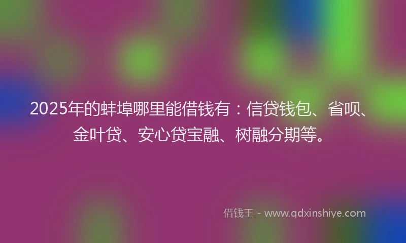 2025年的蚌埠哪里能借钱有：信贷钱包、省呗、金叶贷、安心贷宝融、树融分期等。