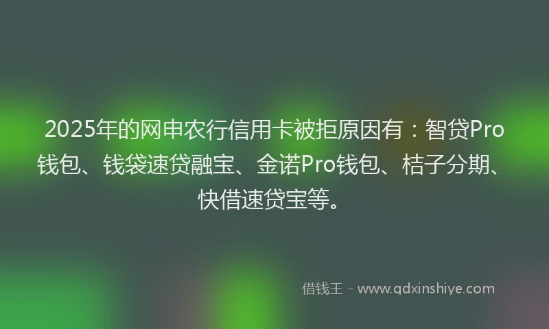 2025年的网申农行信用卡被拒原因有：智贷Pro钱包、钱袋速贷融宝、金诺Pro钱包、桔子分期、快借速贷宝等。
