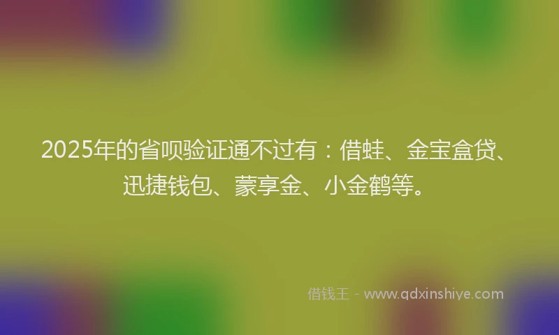 2025年的省呗验证通不过有：借蛙、金宝盒贷、迅捷钱包、蒙享金、小金鹤等。