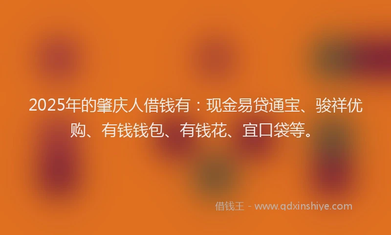 2025年的肇庆人借钱有：现金易贷通宝、骏祥优购、有钱钱包、有钱花、宜口袋等。