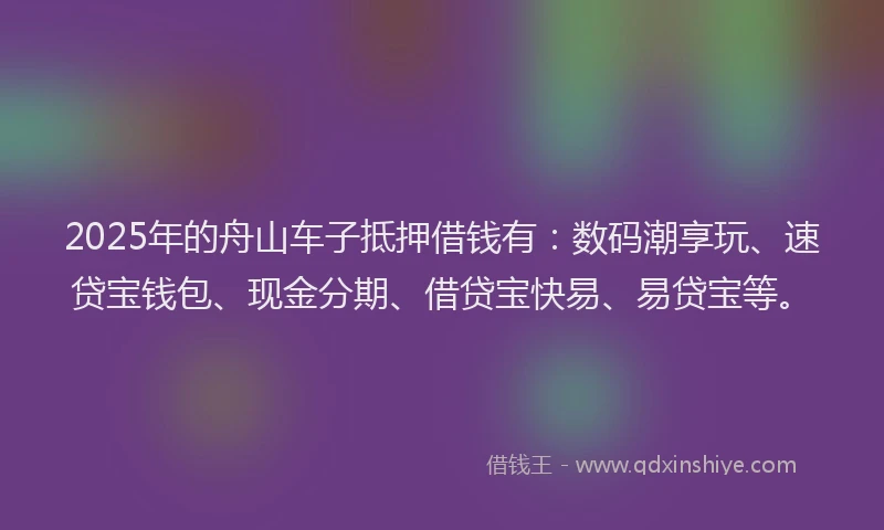 2025年的舟山车子抵押借钱有：数码潮享玩、速贷宝钱包、现金分期、借贷宝快易、易贷宝等。