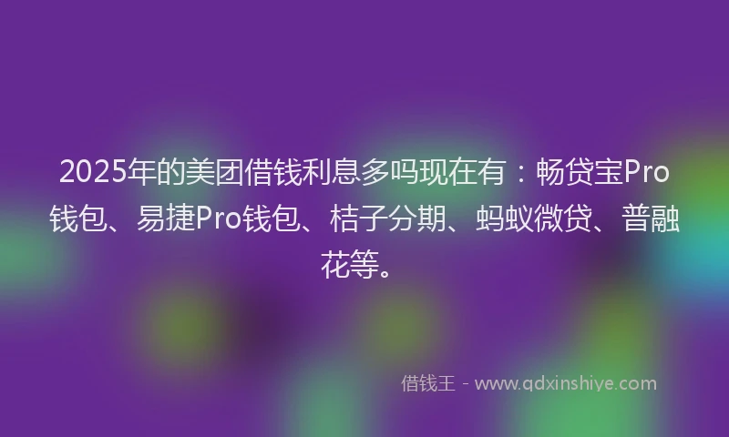 2025年的美团借钱利息多吗现在有：畅贷宝Pro钱包、易捷Pro钱包、桔子分期、蚂蚁微贷、普融花等。