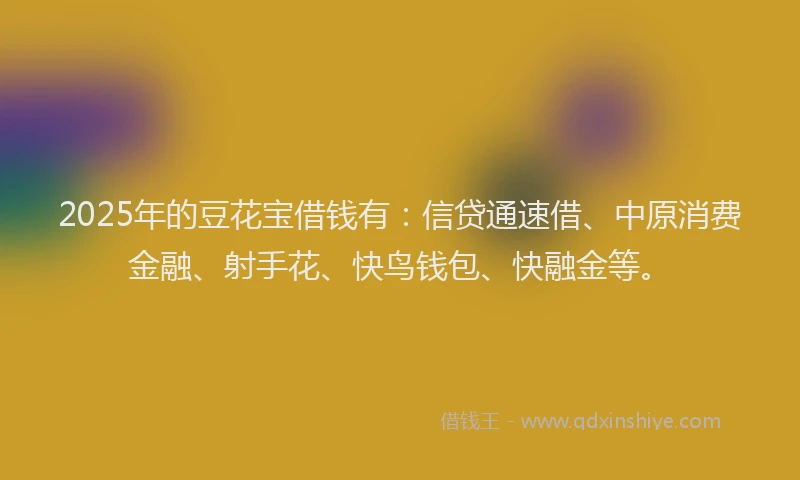 2025年的豆花宝借钱有：信贷通速借、中原消费金融、射手花、快鸟钱包、快融金等。