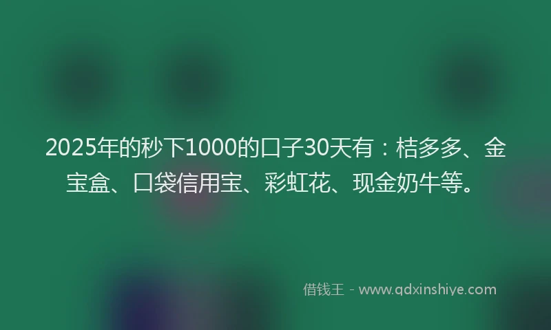 2025年的秒下1000的口子30天有：桔多多、金宝盒、口袋信用宝、彩虹花、现金奶牛等。