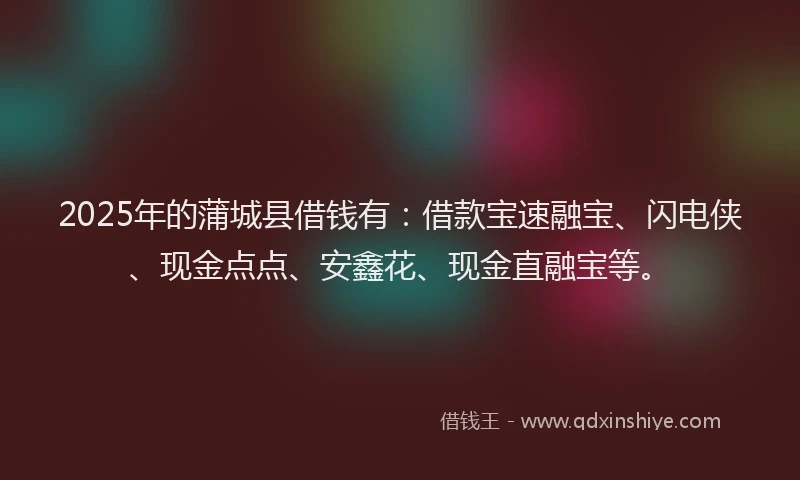 2025年的蒲城县借钱有：借款宝速融宝、闪电侠、现金点点、安鑫花、现金直融宝等。
