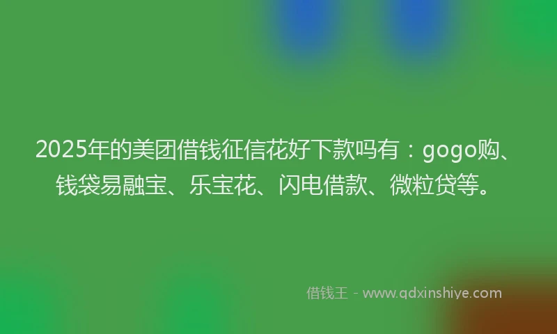 2025年的美团借钱征信花好下款吗有：gogo购、钱袋易融宝、乐宝花、闪电借款、微粒贷等。
