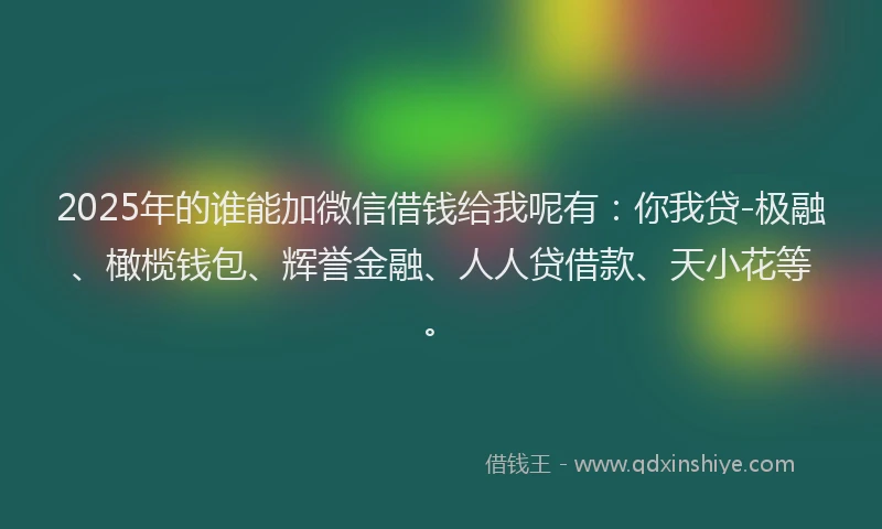 2025年的谁能加微信借钱给我呢有：你我贷-极融、橄榄钱包、辉誉金融、人人贷借款、天小花等。