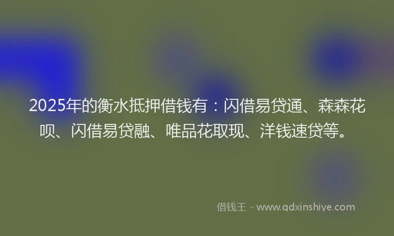 2025年的衡水抵押借钱有：闪借易贷通、森森花呗、闪借易贷融、唯品花取现、洋钱速贷等。