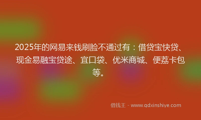 2025年的网易来钱刷脸不通过有：借贷宝快贷、现金易融宝贷途、宜口袋、优米商城、便荔卡包等。