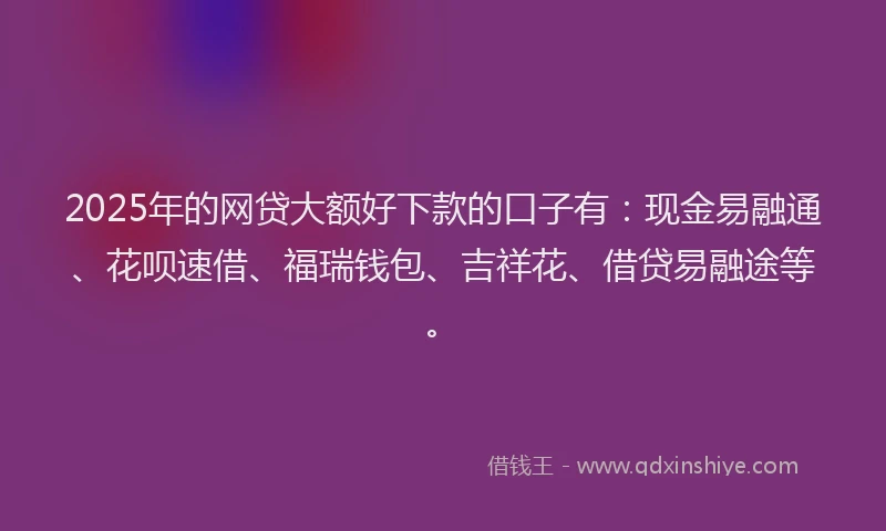 2025年的网贷大额好下款的口子有：现金易融通、花呗速借、福瑞钱包、吉祥花、借贷易融途等。