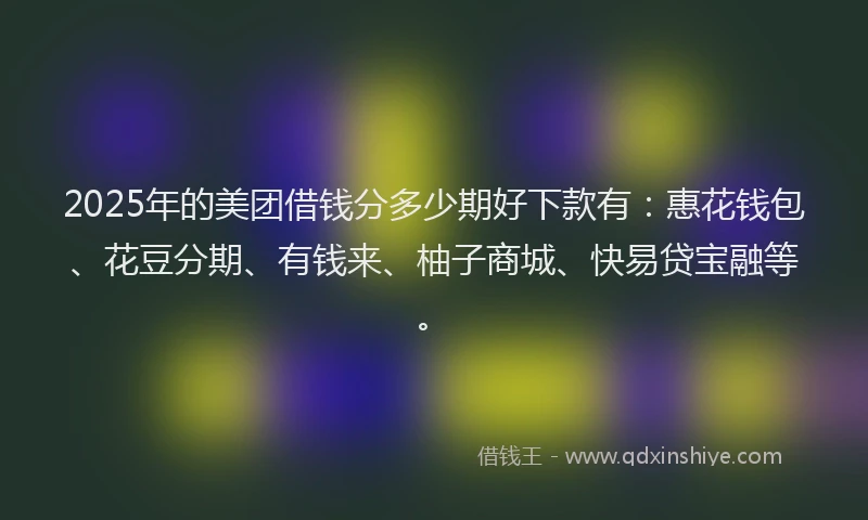 2025年的美团借钱分多少期好下款有：惠花钱包、花豆分期、有钱来、柚子商城、快易贷宝融等。