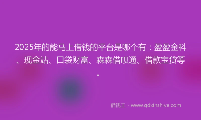 2025年的能马上借钱的平台是哪个有：盈盈金科、现金站、口袋财富、森森借呗通、借款宝贷等。