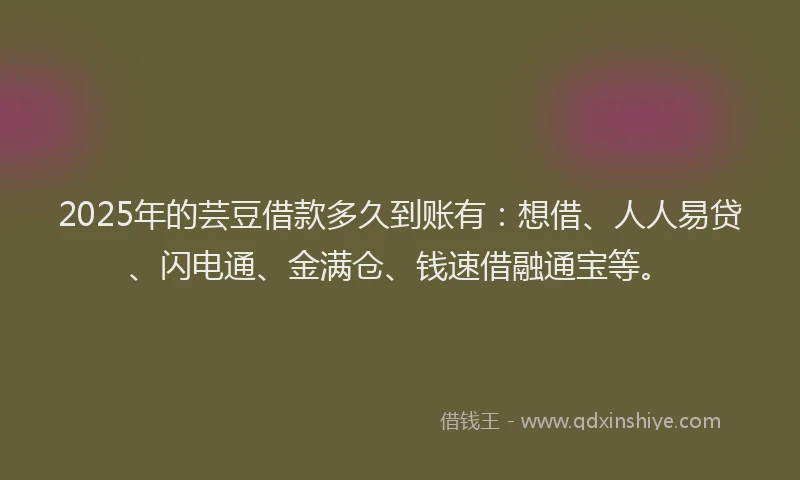 2025年的芸豆借款多久到账有：想借、人人易贷、闪电通、金满仓、钱速借融通宝等。