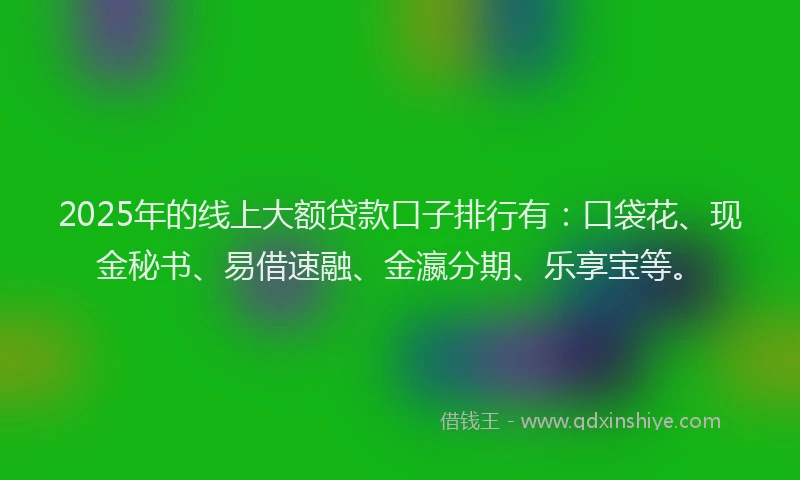 2025年的线上大额贷款口子排行有：口袋花、现金秘书、易借速融、金瀛分期、乐享宝等。