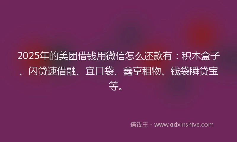 2025年的美团借钱用微信怎么还款有：积木盒子、闪贷速借融、宜口袋、鑫享租物、钱袋瞬贷宝等。