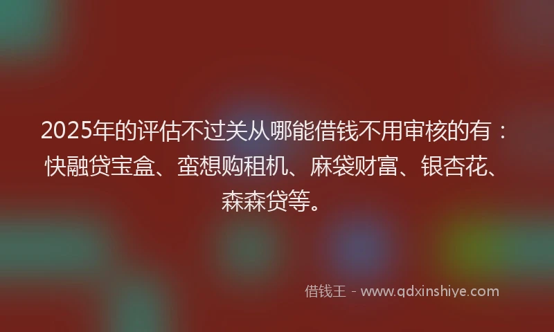 2025年的评估不过关从哪能借钱不用审核的有：快融贷宝盒、蛮想购租机、麻袋财富、银杏花、森森贷等。