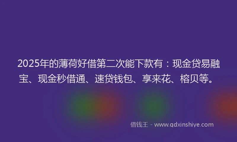 2025年的薄荷好借第二次能下款有：现金贷易融宝、现金秒借通、速贷钱包、享来花、榕贝等。