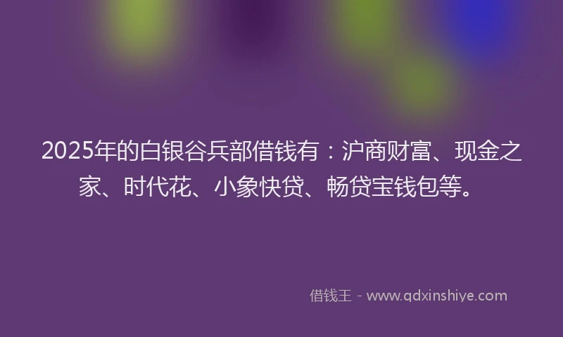 2025年的白银谷兵部借钱有：沪商财富、现金之家、时代花、小象快贷、畅贷宝钱包等。