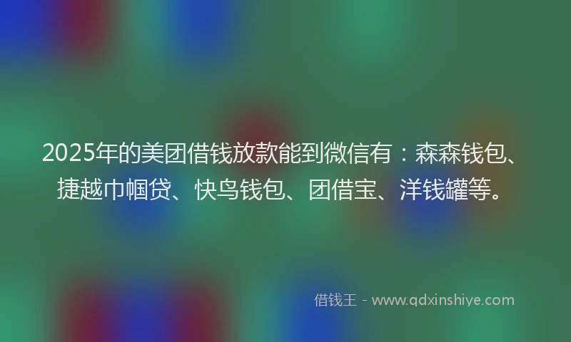 2025年的美团借钱放款能到微信有：森森钱包、捷越巾帼贷、快鸟钱包、团借宝、洋钱罐等。