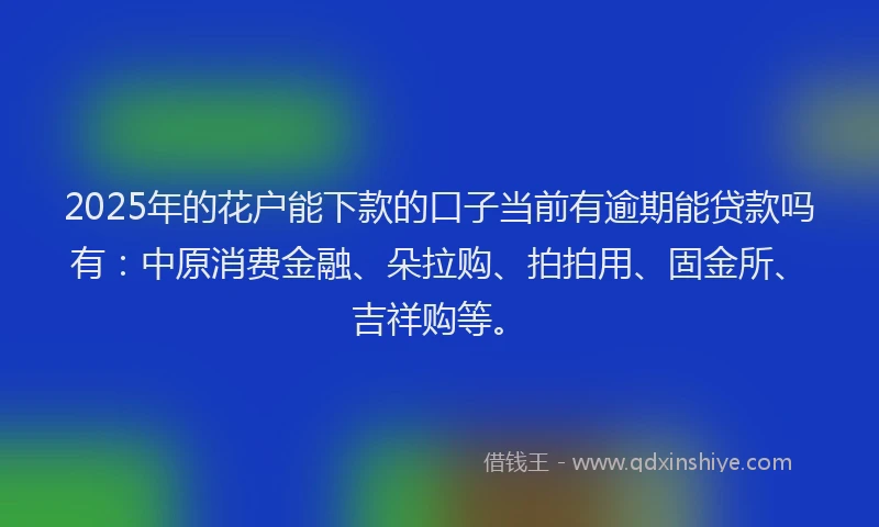 2025年的花户能下款的口子当前有逾期能贷款吗有：中原消费金融、朵拉购、拍拍用、固金所、吉祥购等。