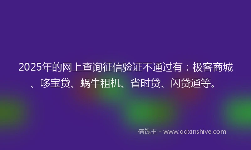 2025年的网上查询征信验证不通过有：极客商城、哆宝贷、蜗牛租机、省时贷、闪贷通等。