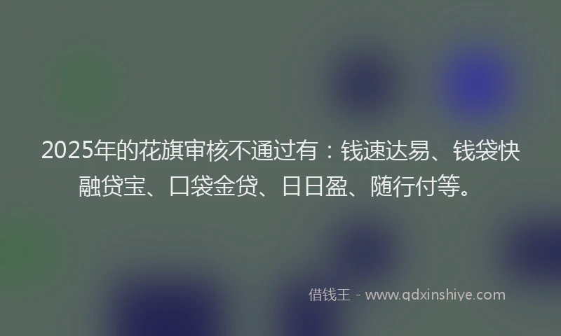 2025年的花旗审核不通过有：钱速达易、钱袋快融贷宝、口袋金贷、日日盈、随行付等。