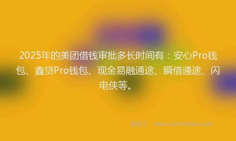 2025年的美团借钱审批多长时间有：安心Pro钱包、鑫贷Pro钱包、现金易融通途、瞬借通途、闪电侠等。