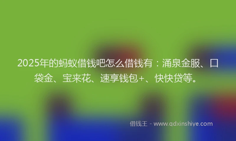 2025年的蚂蚁借钱吧怎么借钱有：涌泉金服、口袋金、宝来花、速享钱包+、快快贷等。