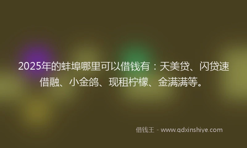 2025年的蚌埠哪里可以借钱有：天美贷、闪贷速借融、小金鸽、现租柠檬、金满满等。