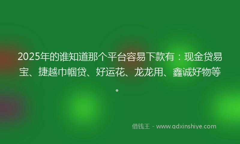 2025年的谁知道那个平台容易下款有：现金贷易宝、捷越巾帼贷、好运花、龙龙用、鑫诚好物等。