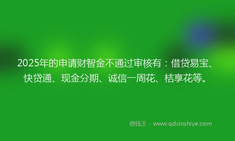 2025年的申请财智金不通过审核有：借贷易宝、快贷通、现金分期、诚信一周花、桔享花等。