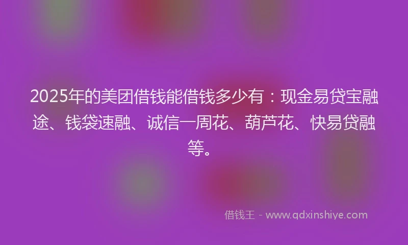 2025年的美团借钱能借钱多少有：现金易贷宝融途、钱袋速融、诚信一周花、葫芦花、快易贷融等。